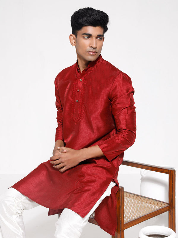 Jashvi Men's Maroon Dupion Silk Kurta