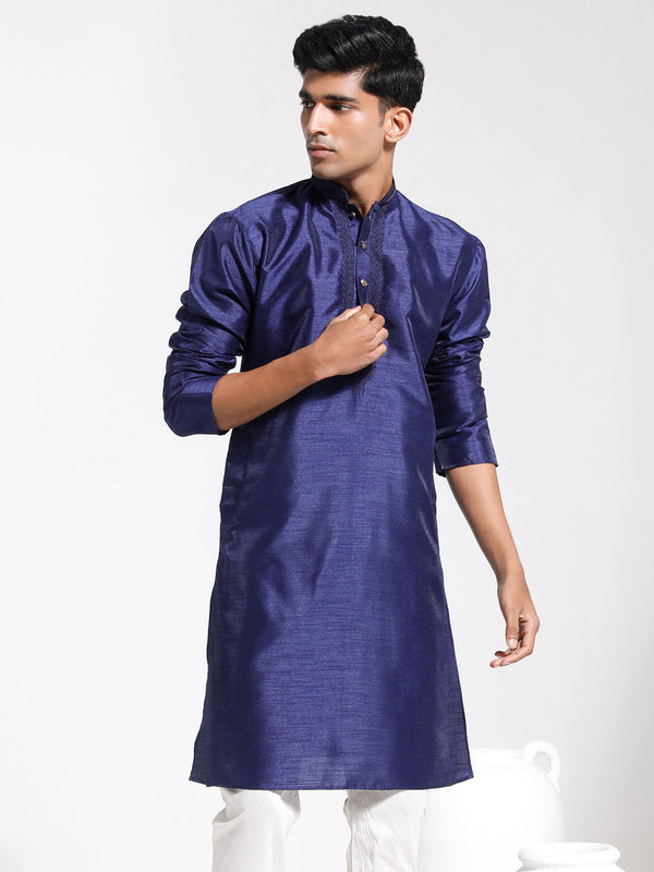 Jashvi Men's Navy Blue Dupion Silk Kurta