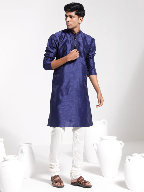 Jashvi Men's Navy Blue And Cream Dupion Silk Kurta Pyjama Set