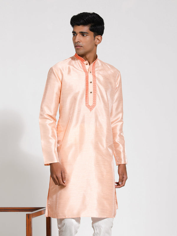 Jashvi Men's Peach Dupion Silk Kurta