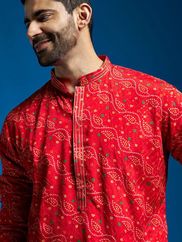 Jashvi Men's Red Chinon Kurta