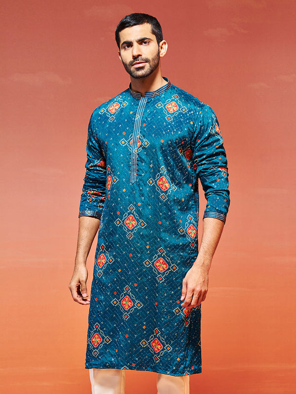 Jashvi Men's Turquoise Chinon Kurta