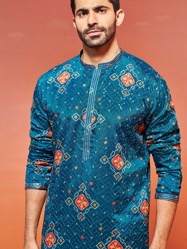 Jashvi Men's Turquoise Chinon Kurta And Pyjama Set.