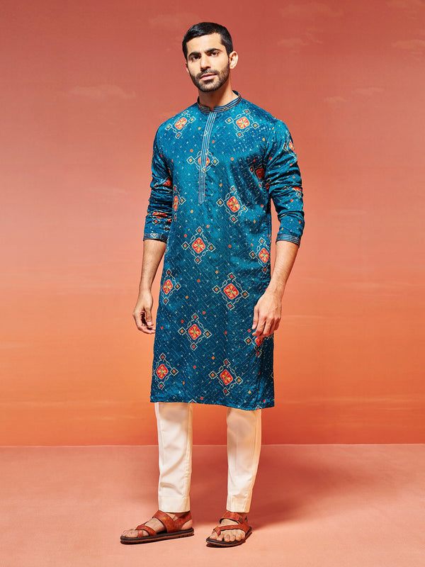 Jashvi Men's Turquoise Chinon Kurta And Pyjama Set.