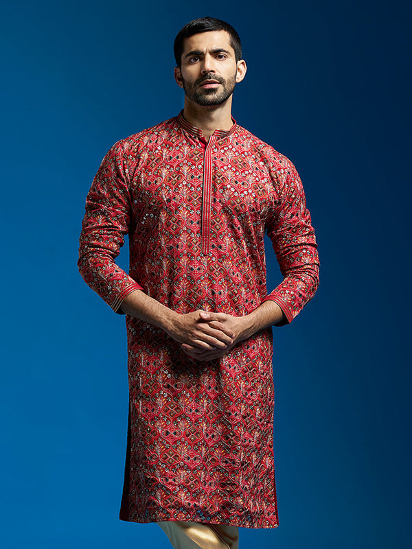 Jashvi Men's Red Chinon Kurta