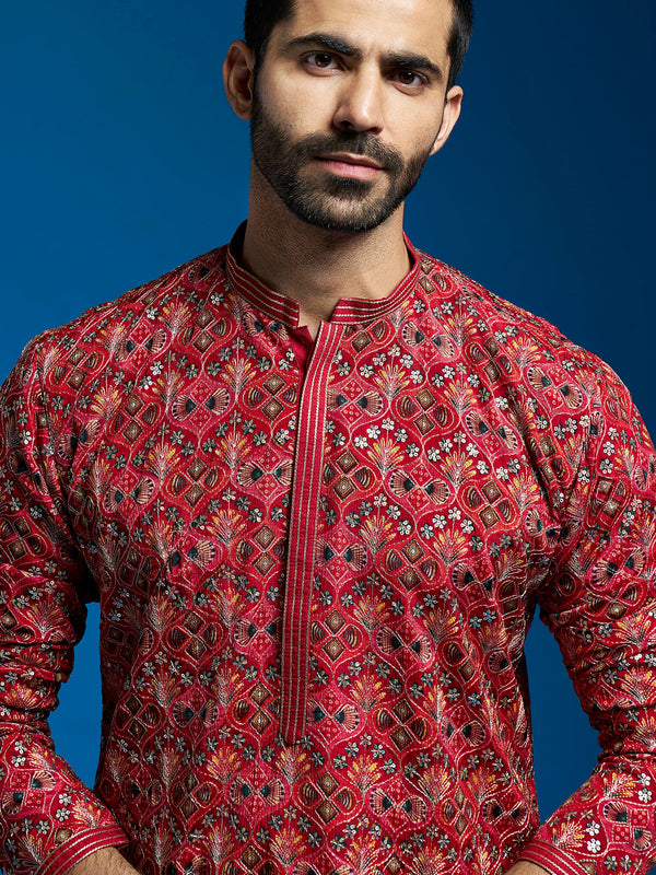 Jashvi Men's Red Chinon Kurta And Pyjama Set.