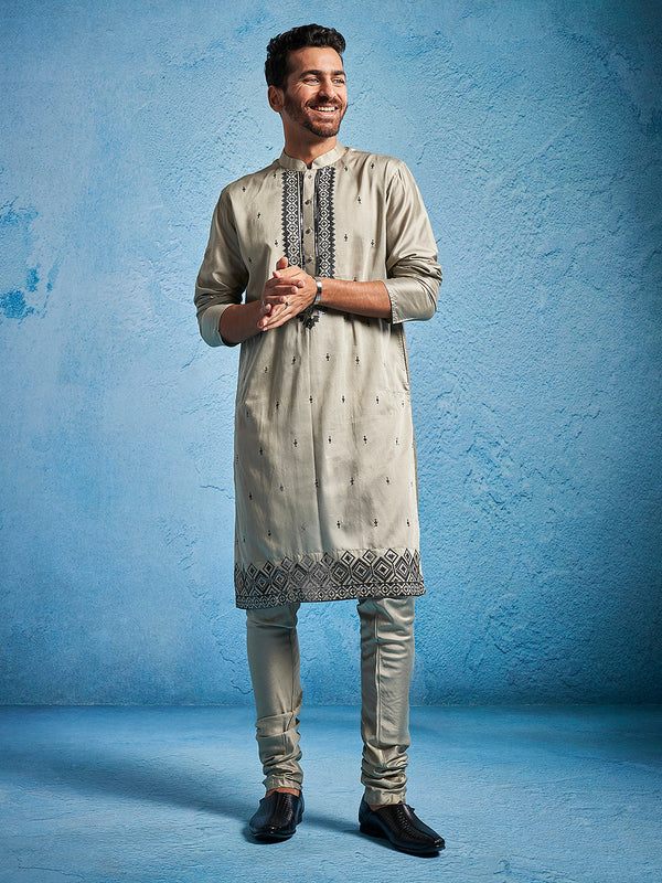 Jashvi Men's Chiku Silk Blend Kurta And Pyjama Set.