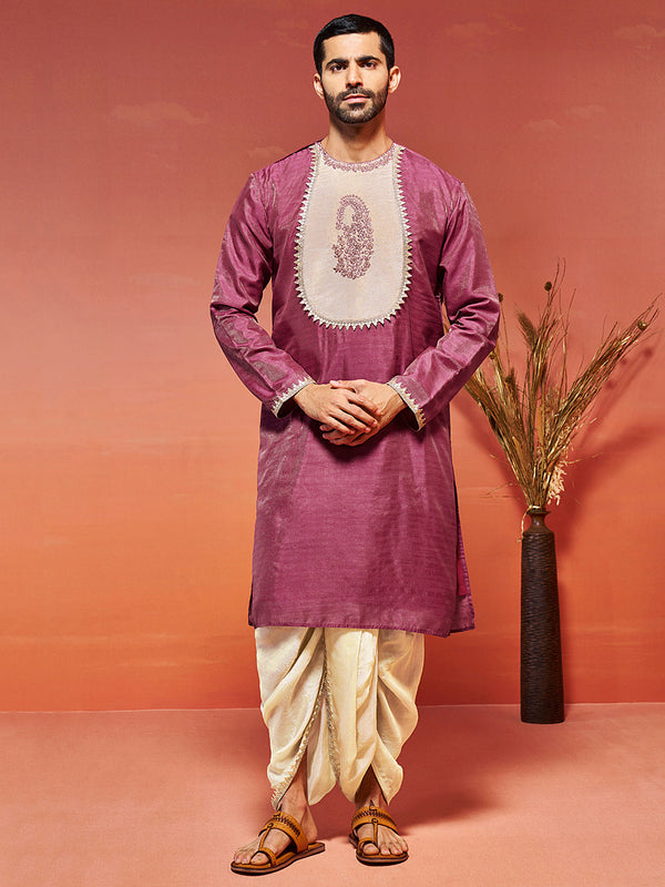 Jashvi Men's Onion Silk Blend Kurta And Dhoti Set