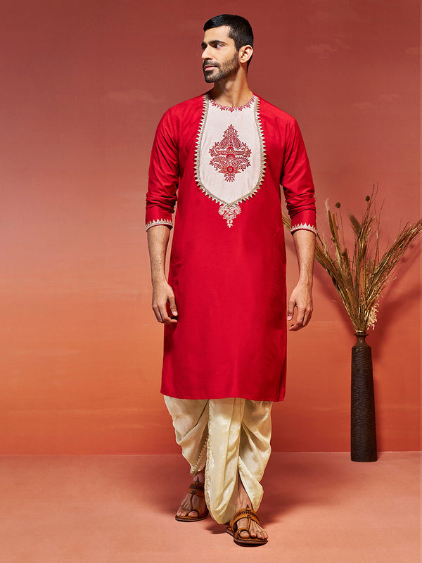 Jashvi Men's Red Viscose Kurta And Dhoti Set