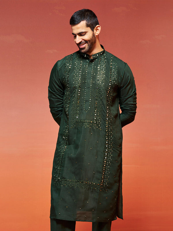 Jashvi Men's Bottle Green Silk Blend Kurta