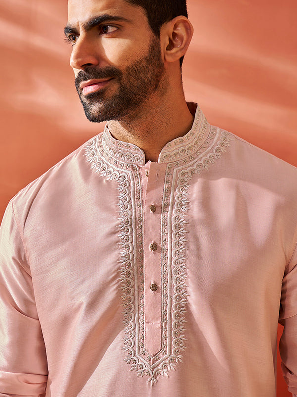 Jashvi Men's Peach Silk Blend Kurta