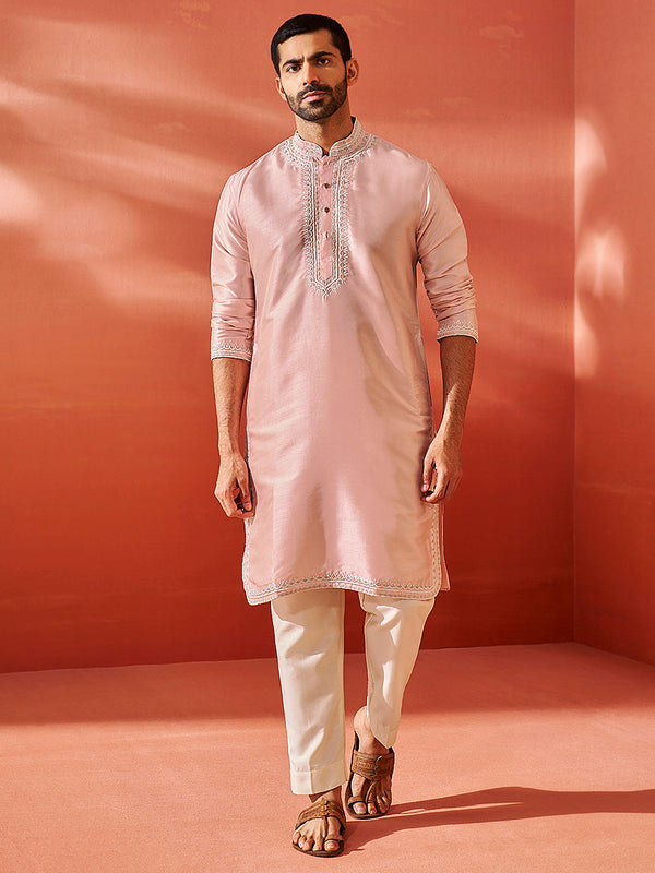 Jashvi Men's Peach Silk Blend Kurta And Pyjama Set.