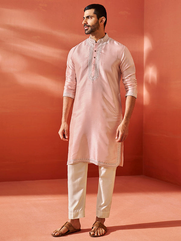 Jashvi Men's Peach Silk Blend Kurta And Pyjama Set.