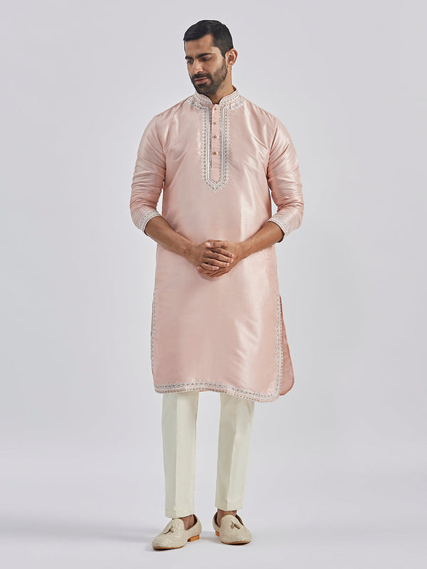 Jashvi Men's Peach Silk Blend Kurta And Pyjama Set.