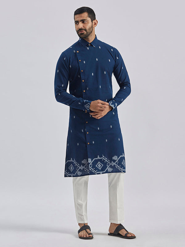 Jashvi Men's Navy Blue Cotton Kurta And Pyjama Set.