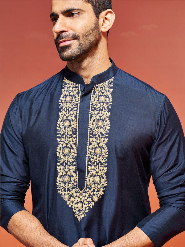 Jashvi Men's Navy Blue Viscose Kurta