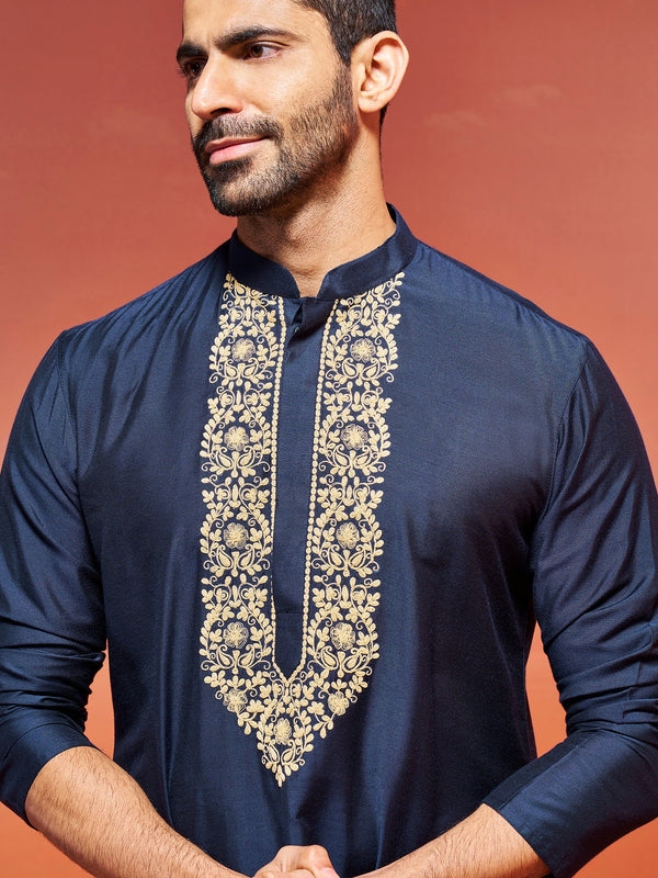 Jashvi Men's Navy Blue Viscose Kurta And Pyjama Set