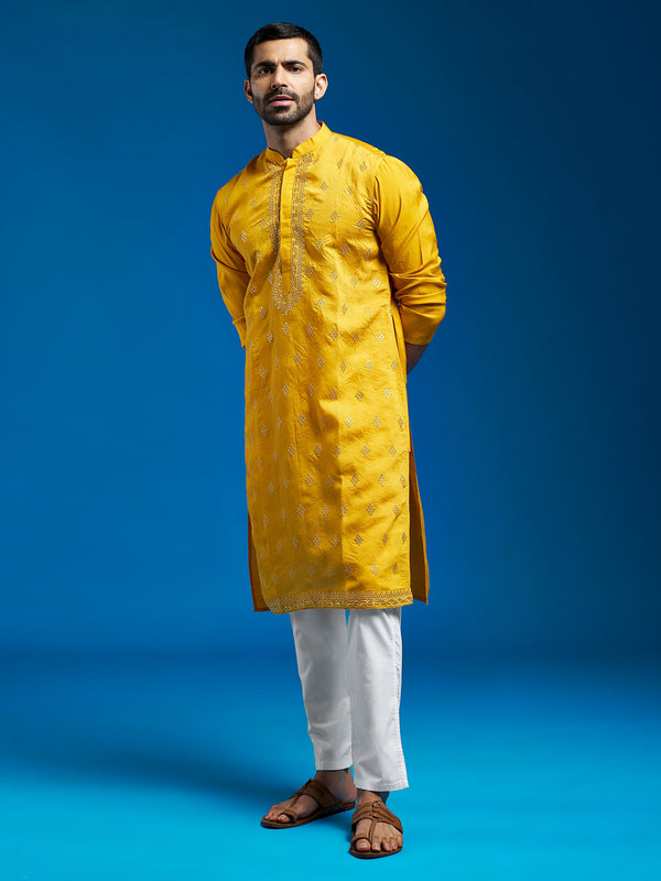 Jashvi Men's Yellow Chanderi Kurta And Pyjama Set