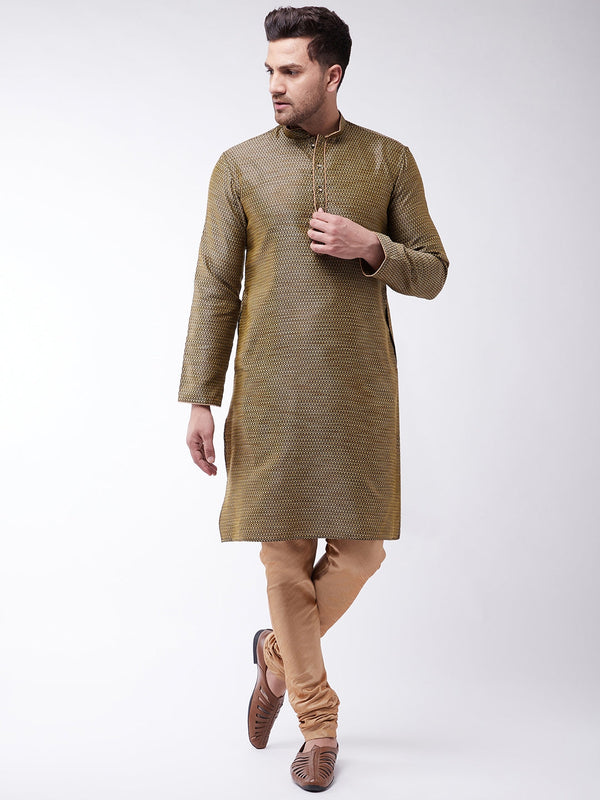 Jashvi Men's Black And Rose Gold Silk Blend Kurta With Churidar Set