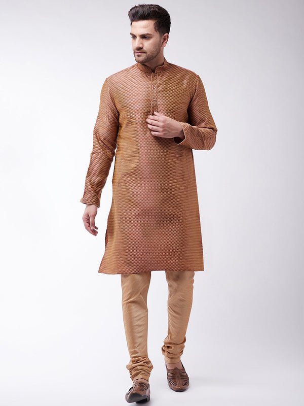 Jashvi Men's Maroon And Rose Gold Silk Blend Kurta With Churidar Set