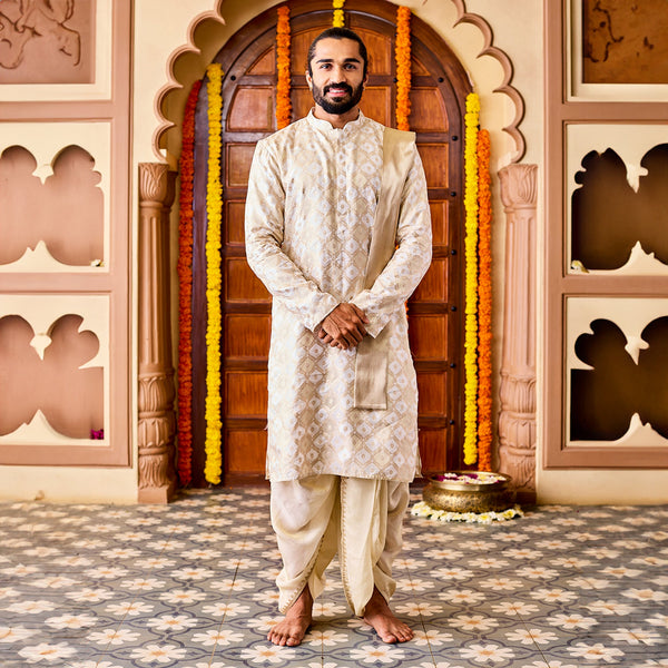 Jashvi Men's Cream Tissue Benarasi Jacquard Kurta And Dhoti Set