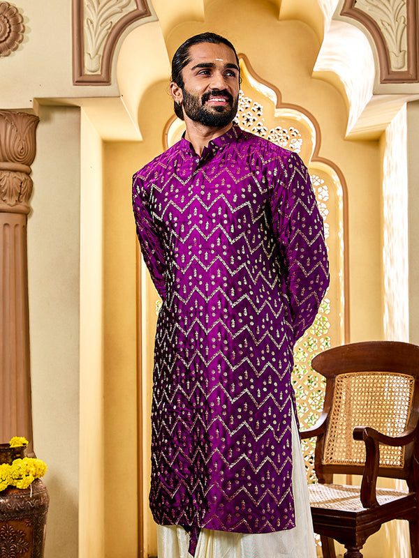 Jashvi Men's Purple Silk Blend Kurta