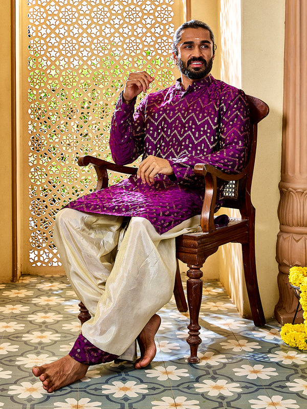 Jashvi Men's Purple Silk Blend Kurta And Dhoti Set