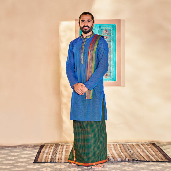 Jashvi Men's Blue Cotton Kurta Mundu And Dupatta Set