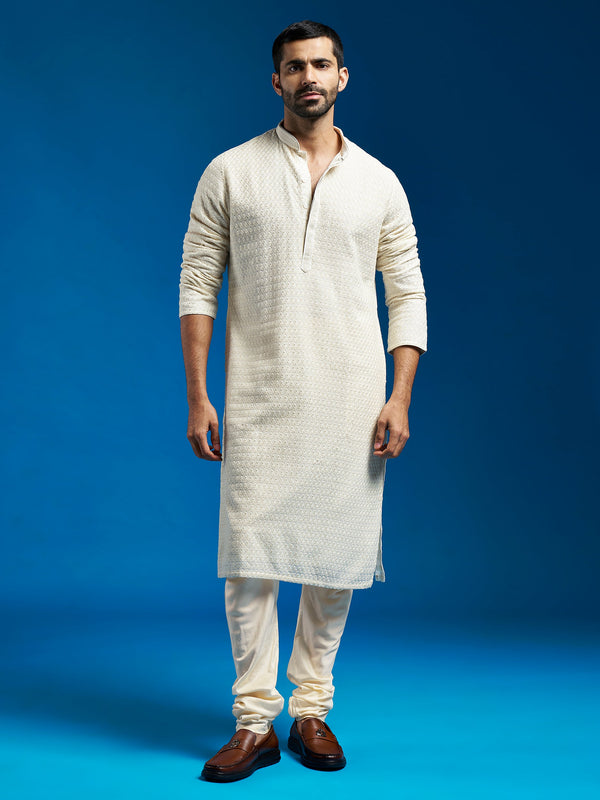 Jashvi Men's Cream Georgette Kurta And Pyjama Set