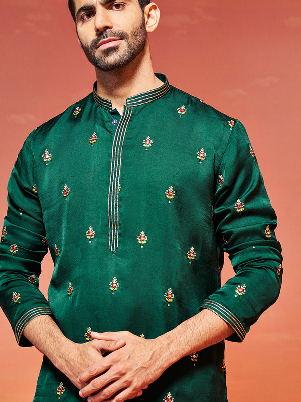 Jashvi Men's Bottle Green Silk Blend Kurta