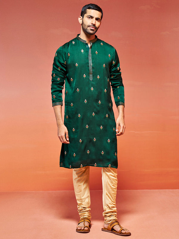 Jashvi Men's Bottle Green Silk Blend Kurta And Pyjama Set