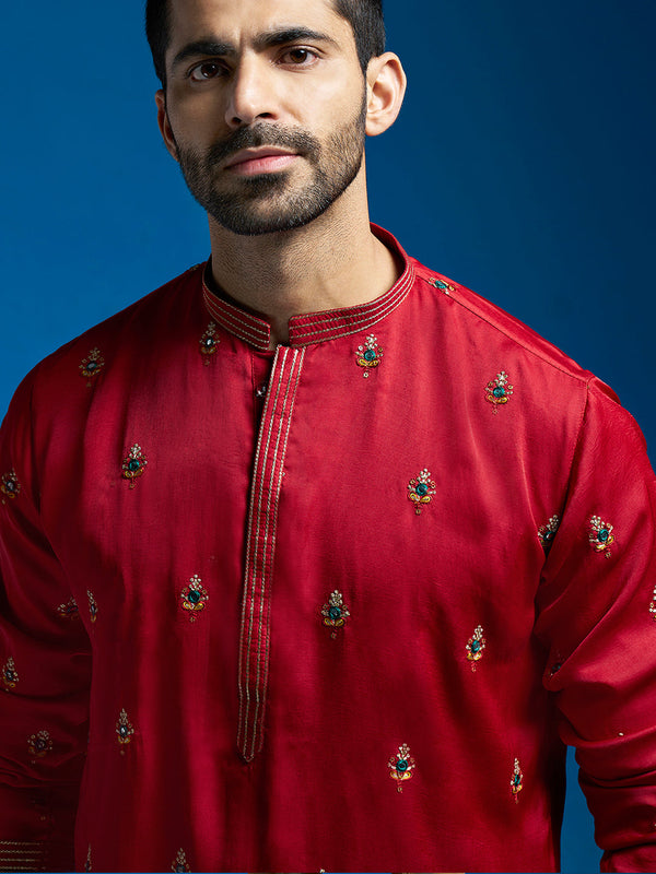 Jashvi Men's Maroon Silk Blend Kurta