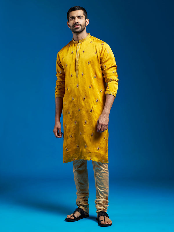 Jashvi Men's Mustard Silk Blend Kurta And Pyjama Set