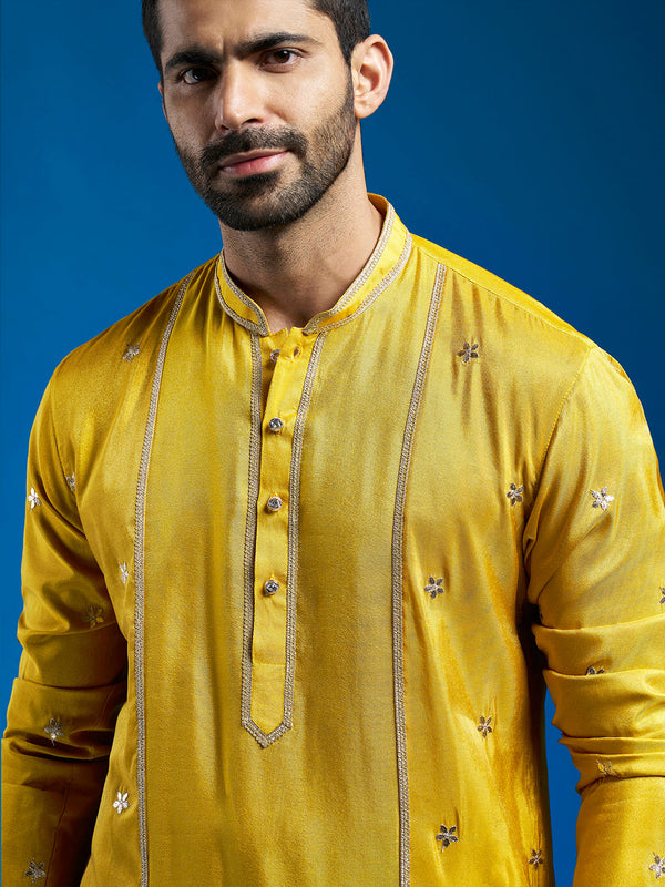 Jashvi Men's Mustard Tissue Silk Kurta