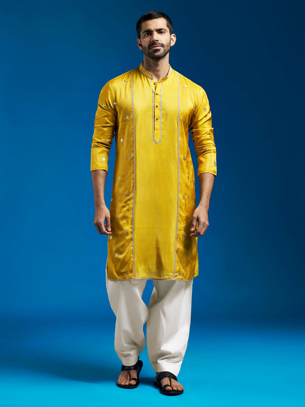 Jashvi Men's Mustard Tissue Silk Kurta And Patiala Set