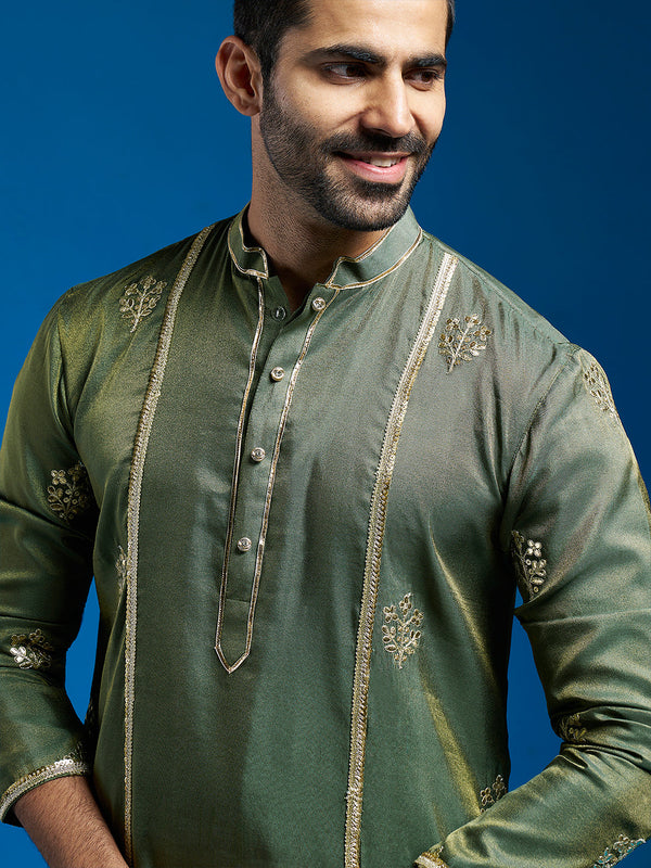 Jashvi Men's Green Tissue Silk Kurta