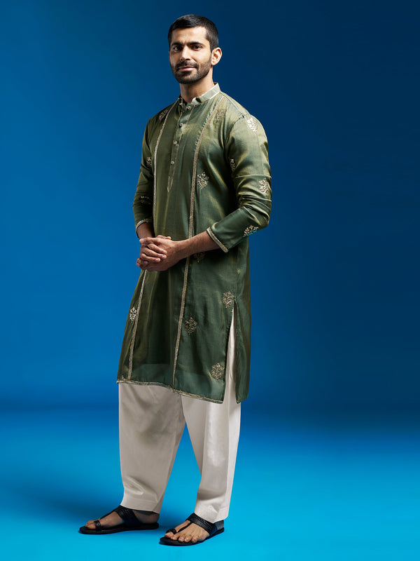 Jashvi Men's Green Tissue Silk Kurta And Patiala Set