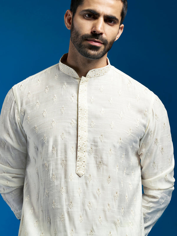 Jashvi Men's Cream Silk Blend Kurta