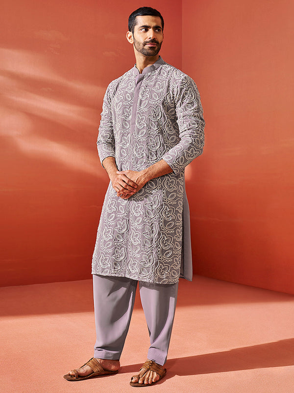 Jashvi Men's Lavender Georgette Kurta And Patiala Set