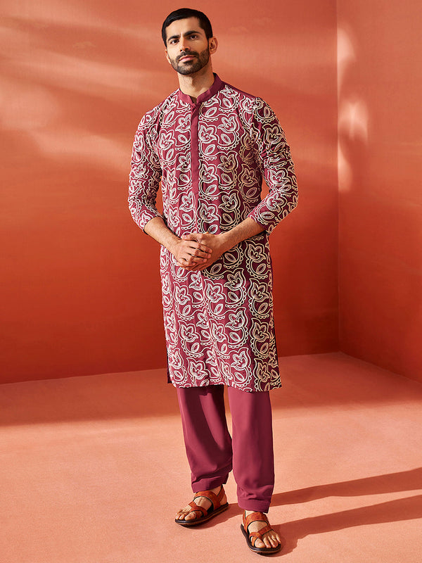 Jashvi Men's Maroon Georgette Kurta And Patiala Set