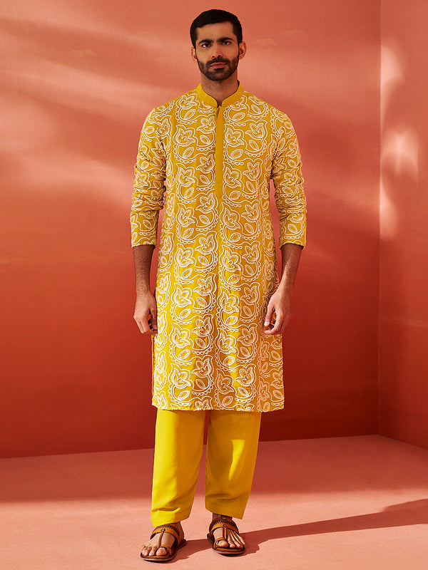 Jashvi Men's Mustard Georgette Kurta And Patiala Set