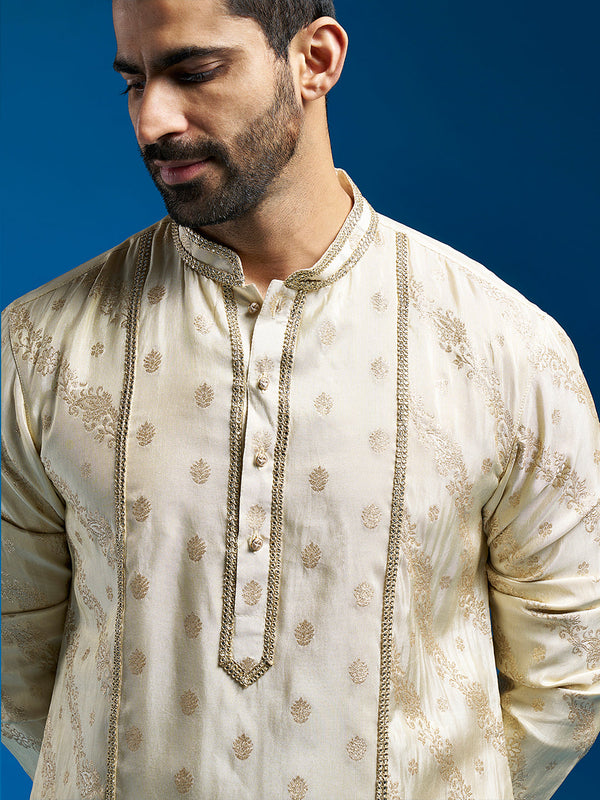 Jashvi Men's Cream Tissue Banarasi Kurta