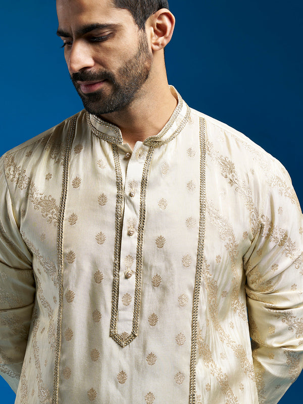 Jashvi Men's Cream Tissue Banarasi Kurta And Patiala Set