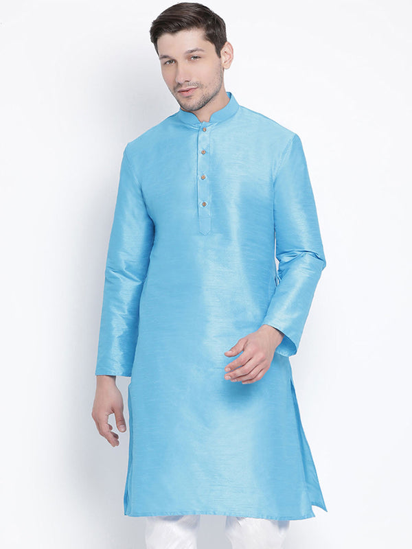 Jashvi Men's Light Blue Cotton Silk Blend Kurta