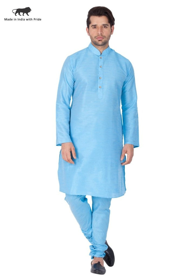 Men's Light Blue Cotton Silk Blend Kurta and Pyjama Set - Vastramay