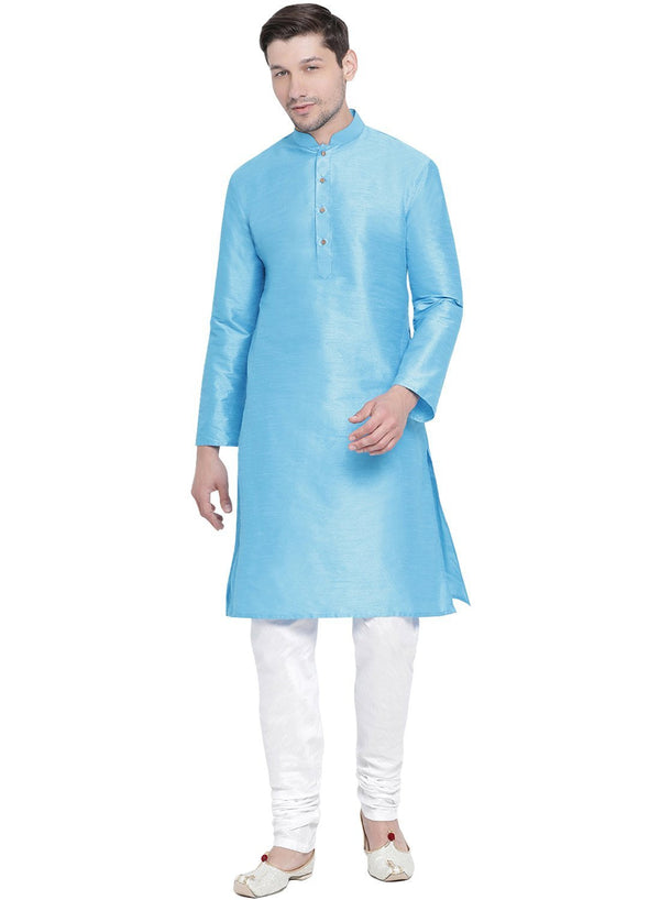 Men's Light Blue Cotton Silk Blend Kurta and Pyjama Set - Vastramay