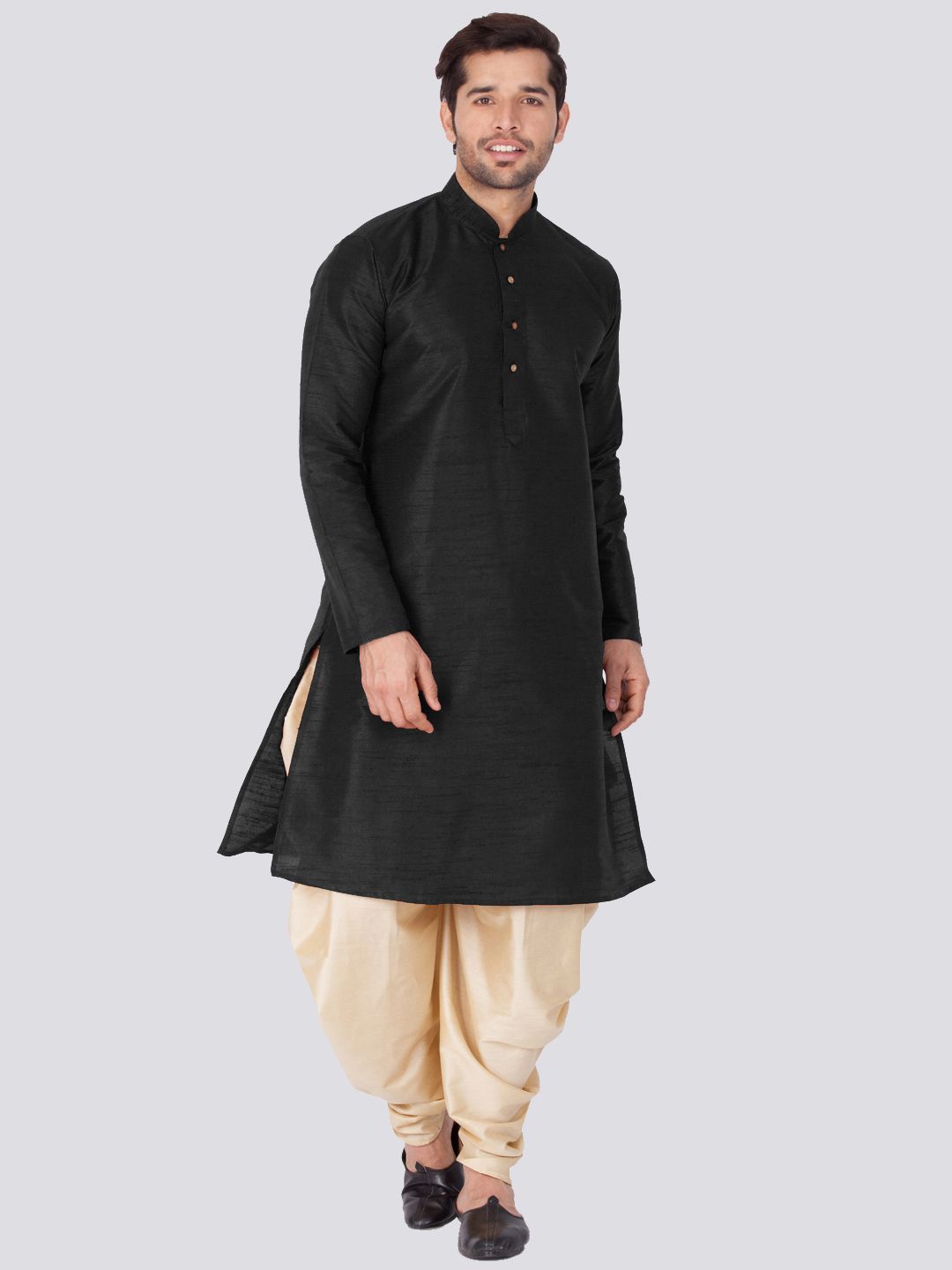 Men's Black Cotton Silk Blend Kurta and Dhoti Pant Set