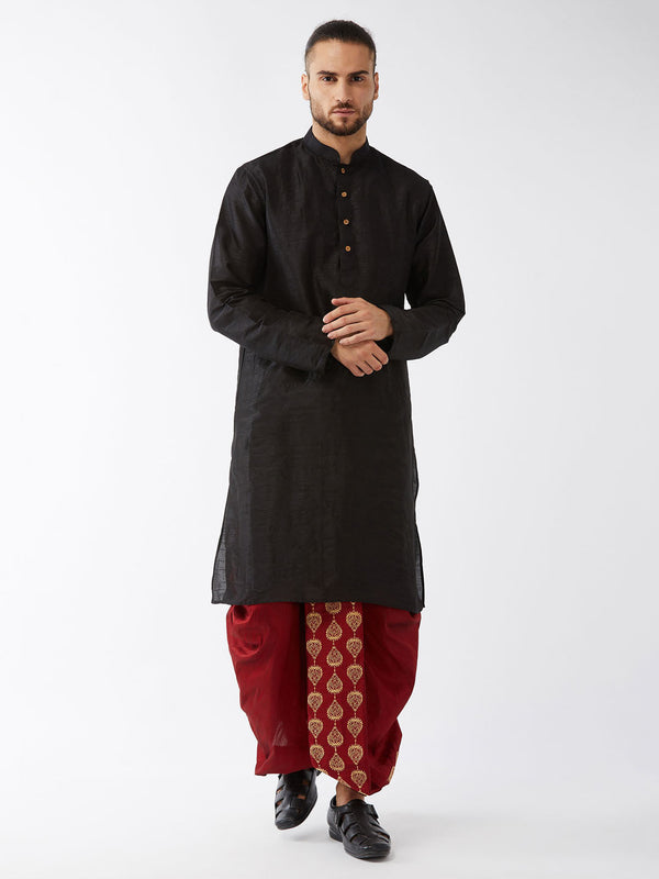 Jashvi Men's Black And Maroon Silk Blend Kurta And Dhoti Set