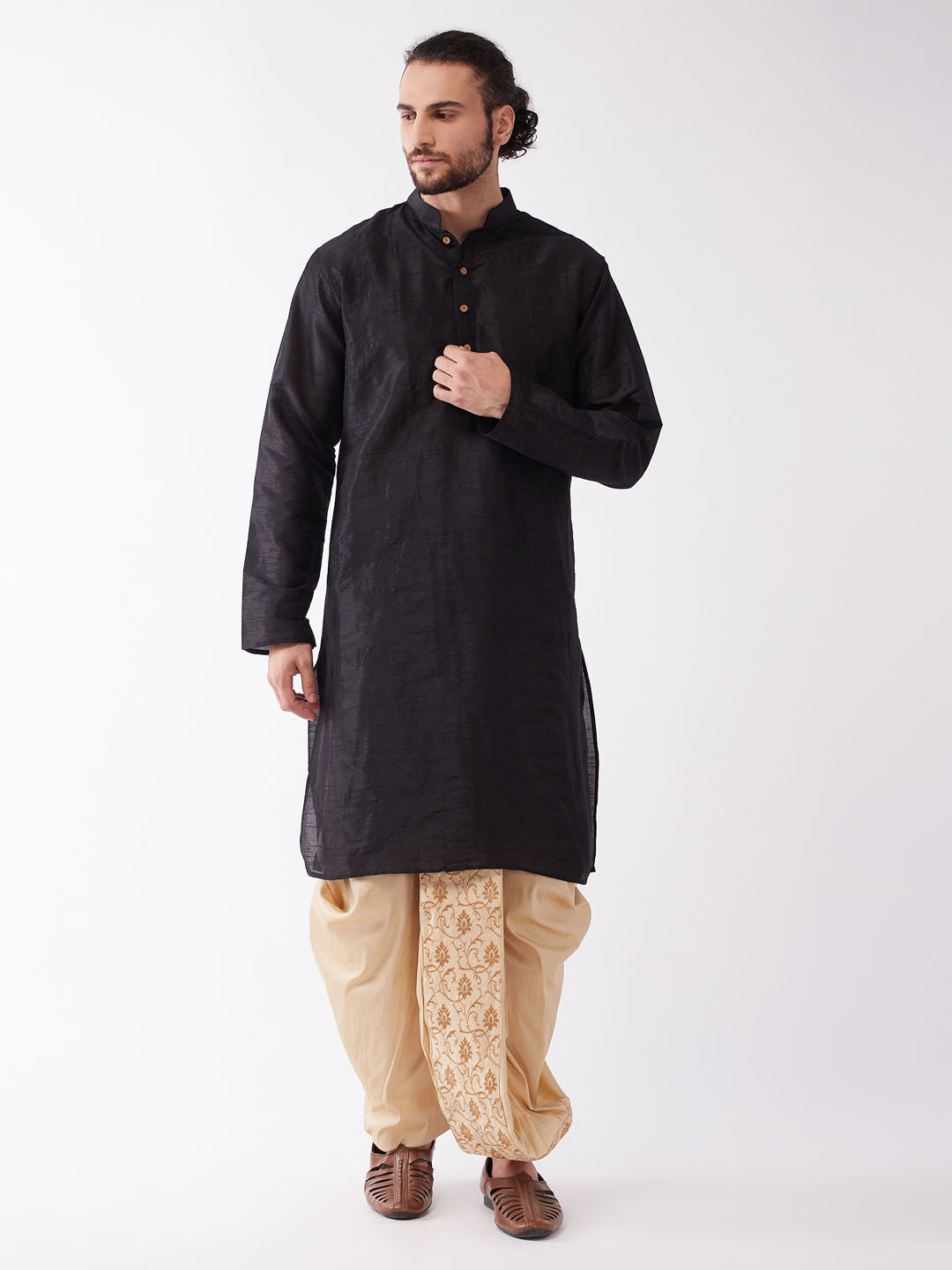 Men's Solid Kurta And Embroidered Traditional Dhoti Set - Vastramay