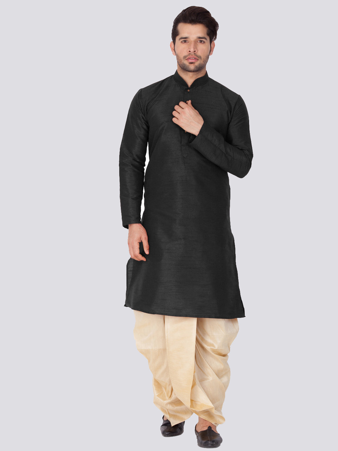 Men's Black Cotton Silk Blend Kurta and Dhoti Pant Set